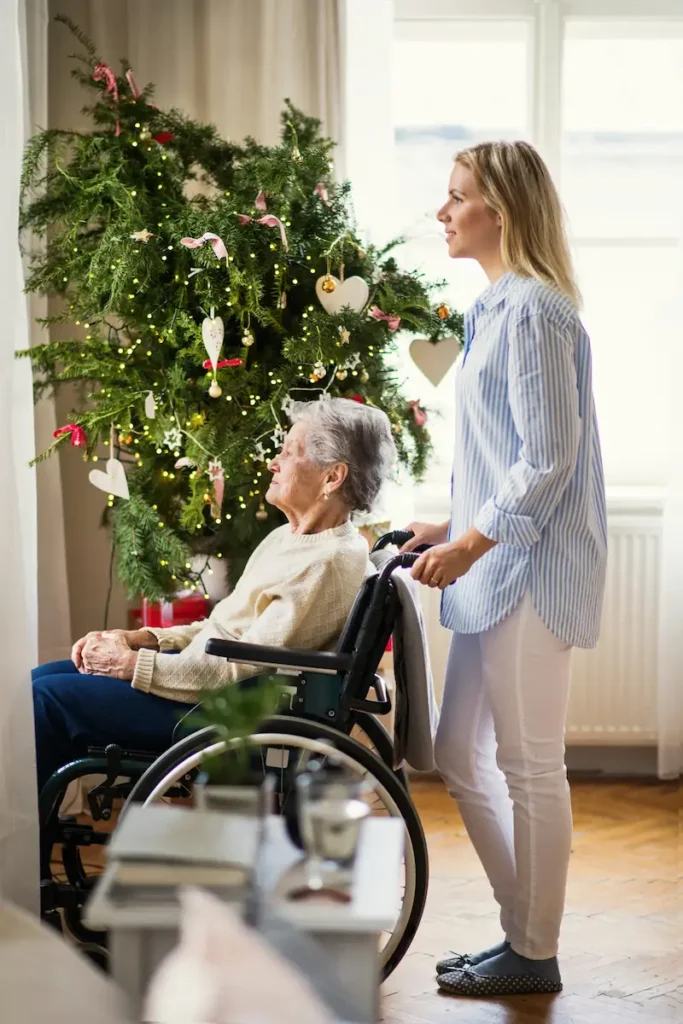Elderly lady in a wheelchair looking out of the window